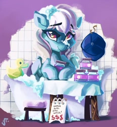 Size: 1280x1385 | Tagged: dead source, safe, artist:saxopi, imported from derpibooru, oc, oc only, oc:ice, pegasus, pony, bath, bathtub, gamer girl bath water, hat, reference, rubber duck, solo