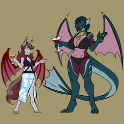 Size: 2160x2160 | Tagged: safe, artist:burningsnowflakeproductions, imported from derpibooru, oc, oc:emerald sea, oc:scarlet quill, anthro, bat pony, digitigrade anthro, dragon, unguligrade anthro, bat pony oc, big breasts, bikini, bikini top, breasts, clothes, colored sketch, conversation, digital art, dragon oc, dragoness, eyes closed, female, friends, glass, laughing, mare, milf, ring, simple background, smiling, swimsuit, wedding ring, wine glass