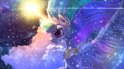 Size: 3840x2160 | Tagged: safe, artist:etherium-apex, imported from derpibooru, princess celestia, pony, the crystalling, 3d, cloud, female, glowing horn, horn, scene interpretation, signature, snow, solo, spread wings, wings