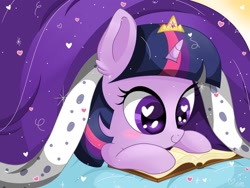 Size: 1024x768 | Tagged: safe, artist:sunshineshiny, imported from derpibooru, twilight sparkle, pony, adorkable, blanket, blushing, book, chibi, crown, cute, dork, ear fluff, female, heart, heart eyes, jewelry, prone, reading, regalia, solo, twiabetes, weapons-grade cute, wingding eyes