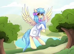 Size: 2048x1497 | Tagged: safe, artist:peaceanya0206, imported from derpibooru, oc, oc only, pegasus, pony, clothes, lab coat, lake, solo, tree