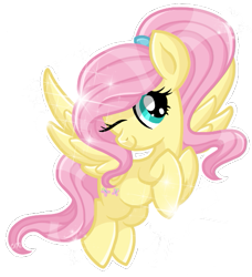 Size: 527x579 | Tagged: safe, artist:sunshineshiny, imported from derpibooru, fluttershy, pegasus, pony, alternate hairstyle, cute, female, hooves to the chest, mare, one eye closed, ponytail, shyabetes, simple background, smiling, solo, spread wings, transparent background, wings, wink