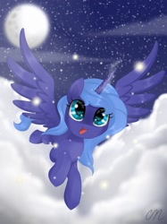 Size: 1024x1366 | Tagged: safe, artist:sunshineshiny, imported from derpibooru, princess luna, alicorn, pony, cloud, cute, female, filly, flying, lunabetes, moon, night, open mouth, s1 luna, sky, solo, spread wings, starry night, stars, wings, woona, younger