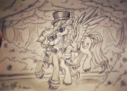 Size: 1055x754 | Tagged: safe, artist:peaceanya0206, imported from derpibooru, oc, oc only, earth pony, pegasus, clothes, hat, monochrome, top hat