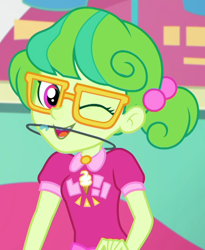 Size: 832x1014 | Tagged: safe, imported from derpibooru, screencap, stella sprinkles, equestria girls, equestria girls series, tip toppings, spoiler:choose your own ending (season 2), spoiler:eqg series (season 2), braces, cashier, cropped, cute, female, glasses, looking at you, one eye closed, orthodontic headgear, pigtails, smiling, solo, spittle, twintails, wink