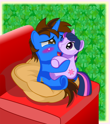 Size: 1920x2160 | Tagged: safe, artist:spellboundcanvas, imported from derpibooru, oc, oc:andoanimalia, chair, hug, pillow, plushie, snuggling