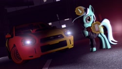 Size: 1920x1080 | Tagged: safe, artist:sevenxninja, derpibooru exclusive, imported from derpibooru, lyra heartstrings, pony, unicorn, 3d, bridge, building, car, clothes, female, gmod, headphones, hoodie, iphone, lighting, looking at camera, magic, night, red lightning, shadows, solo, subaru impreza