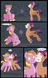 Size: 5000x8000 | Tagged: safe, artist:chedx, imported from derpibooru, oc, oc only, oc:fast hooves, oc:home defence, clydesdale, earth pony, pegasus, pony, unicorn, comic:the fusion flashback, butt, comic, commissioner:bigonionbean, confused, confusion, dialogue, flank, fusion, fusion:big macintosh, fusion:fast hooves, fusion:flash sentry, fusion:home defence, fusion:shining armor, fusion:trouble shoes, large butt, magic, panicking, parent:big macintosh, parent:shining armor, plot, potion, spread wings, wings extended, writer:bigonionbean