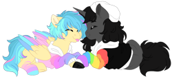 Size: 1024x484 | Tagged: safe, artist:azure-art-wave, imported from derpibooru, oc, oc only, oc:blue, oc:matt, pegasus, pony, unicorn, clothes, colored wings, hoodie, male, multicolored wings, stallion, tongue out, wings