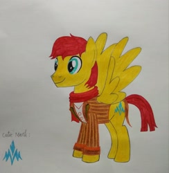 Size: 3010x3088 | Tagged: safe, artist:bsw421, imported from derpibooru, flash magnus, pegasus, pony, clothes, cutie mark, jacket, scarf, smiley face, smiling, traditional art, wings