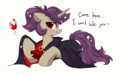 Size: 2000x1200 | Tagged: safe, artist:mirtash, imported from derpibooru, oc, oc only, oc:lavrushka, pony, unicorn, vampire, bedroom eyes, blood, cape, clothes, glass, solo, sparkles, wine glass