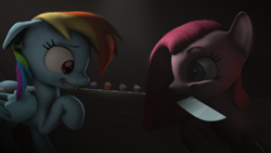 Size: 1920x1080 | Tagged: safe, artist:facelesssoles, imported from derpibooru, pinkie pie, rainbow dash, pony, 3d, cupcake, food, knife, mouth hold, pinkamena diane pie