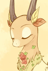 Size: 800x1192 | Tagged: safe, artist:loyaldis, imported from derpibooru, the great seedling, deer, elk, going to seed, bust, cute, eyes closed, flower, leaf, male, solo