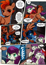 Size: 2480x3508 | Tagged: safe, artist:dsana, imported from derpibooru, oc, oc:lullaby dusk, oc:rust wing, oc:thistledown, earth pony, pegasus, pony, comic:a storm's lullaby, colt, comic, crying, female, filly, foalnapping, i knew it!, male, mare