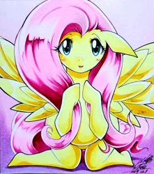 Size: 1810x2048 | Tagged: safe, artist:025aki, imported from derpibooru, fluttershy, pegasus, pony, blushing, female, looking at you, mare, solo, traditional art