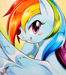 Size: 1812x2048 | Tagged: safe, artist:025aki, imported from derpibooru, rainbow dash, pegasus, pony, abstract background, blushing, bust, female, gradient background, looking at you, mare, profile, smiling, solo, traditional art, wings