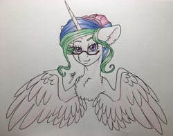 Size: 3837x3024 | Tagged: safe, artist:tillie-tmb, imported from derpibooru, princess celestia, pony, alternate hairstyle, bust, female, glasses, hair bun, lidded eyes, looking at you, portrait, smiling, solo, spread wings, traditional art, wings