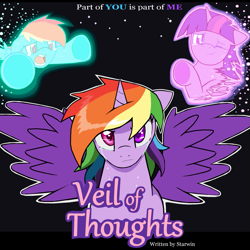 Size: 1281x1279 | Tagged: safe, artist:droll3, imported from derpibooru, rainbow dash, twilight sparkle, alicorn, alicornified, cover art, crying, disappear, dying, fanfic art, fanfic in the description, fusion, looking at you, open mouth, race swap, reaching, sad, spread wings, teary eyes, vanish, wings