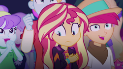 Size: 1920x1080 | Tagged: safe, imported from derpibooru, screencap, aqua blossom, fry lilac, hunter hedge, juniper montage, normal norman, rose heart, sandy cerise, snow flower, sunset shimmer, equestria girls, equestria girls series, sunset's backstage pass!, spoiler:eqg series (season 2), female, male, music festival outfit