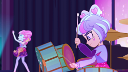 Size: 1920x1080 | Tagged: safe, imported from derpibooru, screencap, kiwi lollipop, supernova zap, equestria girls, equestria girls series, sunset's backstage pass!, spoiler:eqg series (season 2), cymbals, drum kit, drums, drumsticks, duo, duo female, female, hi-hat, k-lo, musical instrument, postcrush, su-z