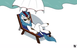 Size: 1280x804 | Tagged: safe, artist:nightwind-arts, imported from derpibooru, oc, oc only, oc:frost flare, kirin, beach, beach chair, beach umbrella, chair, female, ice, kirin oc, mare, relaxing, smug, snow, solo