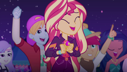 Size: 1920x1080 | Tagged: safe, imported from derpibooru, screencap, desert sage, fry lilac, hunter hedge, snow flower, sunset shimmer, equestria girls, equestria girls series, sunset's backstage pass!, spoiler:eqg series (season 2), background human, female, geode of empathy, magical geodes, male, music festival outfit