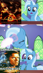 Size: 640x1080 | Tagged: safe, artist:mega-poneo, deleted from derpibooru, edit, edited screencap, imported from derpibooru, screencap, trixie, all bottled up, arnold schwarzenegger, jennifer lawrence, meme, running man, the hunger games, trixie fixing meme