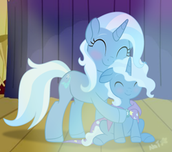 Size: 2233x1969 | Tagged: safe, artist:itsnatcherx, imported from derpibooru, trixie, oc, pony, unicorn, cape, clothes, female, male, mother and child, mother and son, offspring, parent:pokey pierce, parent:trixie, trixie's cape