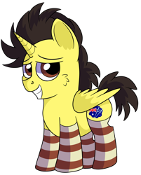 Size: 1280x1592 | Tagged: safe, artist:rainbowtashie, imported from derpibooru, oc, oc only, oc:tommy the human, alicorn, pony, derpibooru community collaboration, 2021 community collab, alicorn oc, australia, australian flag, clothes, colt, commissioner:bigonionbean, cute, cutie mark, daaaaaaaaaaaw, dawwww, foal, horn, male, simple background, socks, solo, striped socks, transparent background, writer:bigonionbean