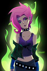 Size: 2248x3364 | Tagged: safe, artist:xan-gelx, imported from derpibooru, fluttershy, human, equestria girls, equestria girls series, the road less scheduled, the road less scheduled: fluttershy, spoiler:eqg series (season 2), alternate hairstyle, belly button, choker, ear piercing, earring, fire, flutterpunk, green fire, humanized, jewelry, midriff, piercing, punk, spiked choker