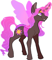 Size: 834x956 | Tagged: safe, alternate version, artist:malphym, imported from derpibooru, oc, oc only, oc:princess rubellite tourmaline, changepony, hybrid, eyeshadow, female, glowing horn, grin, horn, horn ring, interspecies offspring, magic, magical lesbian spawn, makeup, offspring, parent:princess celestia, parent:queen chrysalis, parents:chryslestia, simple background, smiling, solo, trans female, trans girl, transgender, transparent background