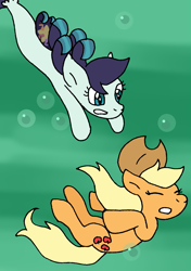 Size: 833x1185 | Tagged: safe, artist:cmara, imported from derpibooru, applejack, coloratura, earth pony, pony, seapony (g4), applejack's hat, asphyxiation, bubble, cowboy hat, drowning, eyes closed, female, hat, lesbian, mare, parody, rarajack, seaponified, seapony coloratura, shipping, species swap, swimming, the little mermaid, underwater, water