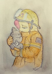 Size: 689x965 | Tagged: safe, artist:daisymane, imported from derpibooru, fluttershy, anthro, koala, australian bushfires, duo, female, fire suit, firefighter, firefighter fluttershy, firefighter helmet, helmet, holding, looking at something, three quarter view, traditional art