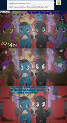 Size: 3840x7080 | Tagged: safe, artist:agkandphotomaker2000, imported from derpibooru, cloud kicker, dizzy twister, orange swirl, sea swirl, seafoam, oc, oc:arnold the pony, oc:pony video maker, earth pony, pegasus, pony, unicorn, tumblr:pony video maker's blog, ask, avengers: infinity war, cinema, disintegration, drink, food, half of them are dead, i don't feel so good, implied death, into dust, oblivious, popcorn, random ponies, thanos snap, tumblr, unamused