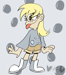 Size: 713x800 | Tagged: safe, artist:mirabuncupcakes15, imported from derpibooru, derpy hooves, human, boots, clothes, female, humanized, shirt, shoes, shorts, solo, tongue out