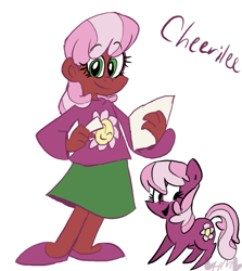 Size: 713x800 | Tagged: safe, artist:mirabuncupcakes15, imported from derpibooru, cheerilee, earth pony, human, pony, cheeribetes, clothes, cute, dark skin, female, flats, human ponidox, humanized, mare, open mouth, paper, self paradox, self ponidox, shirt, shoes, simple background, skirt, solo, white background