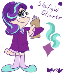 Size: 713x800 | Tagged: safe, artist:mirabuncupcakes15, imported from derpibooru, starlight glimmer, human, the last problem, clipboard, clothes, female, flats, humanized, necktie, older, older starlight glimmer, shirt, shoes, simple background, skirt, socks, solo, stockings, suit, thigh highs, white background