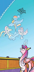 Size: 288x601 | Tagged: safe, artist:andypriceart, idw, imported from derpibooru, fluttershy, lightning dust, princess cadance, rainbow dash, alicorn, pegasus, pony, siege of the crystal empire, spoiler:comic, spoiler:comic34, cropped, crossed arms, female, force field, frown, knocking, mare, official comic, smiling