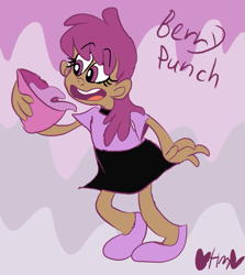 Size: 713x800 | Tagged: safe, artist:mirabuncupcakes15, imported from derpibooru, berry punch, berryshine, human, bowl, clothes, cute, dark skin, female, flats, humanized, miniskirt, open mouth, punch (drink), punch bowl, shirt, shoes, skirt, solo, t-shirt