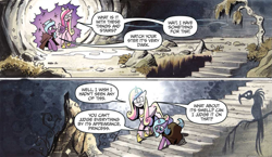 Size: 997x577 | Tagged: safe, artist:andypriceart, idw, imported from derpibooru, princess cadance, radiant hope, alicorn, bird, pony, unicorn, vulture, siege of the crystal empire, spoiler:comic, spoiler:comic36, comic, cropped, duo, female, mare, official comic, portal, speech bubble, stairs