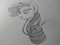 Size: 3264x2448 | Tagged: safe, artist:lucas_gaxiola, imported from derpibooru, rarity, pony, unicorn, bust, ear piercing, earring, female, grayscale, jewelry, mare, monochrome, piercing, signature, smiling, solo, traditional art