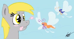Size: 2048x1085 | Tagged: safe, artist:lucas_gaxiola, imported from derpibooru, derpy hooves, breezie, pegasus, pony, blushing, female, flying, heart, licking, licking lips, mare, signature, tongue out