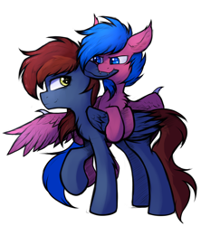 Size: 3200x3600 | Tagged: safe, artist:tatykin, imported from derpibooru, oc, oc:firewire, oc:neon burst, bat pony, hybrid, pegasus, biting, cute, ear bite, pegabat