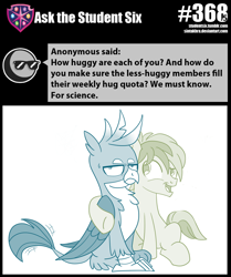 Size: 800x957 | Tagged: safe, artist:sintakhra, edit, editor:shining armor gamer, imported from derpibooru, gallus, sandbar, griffon, pony, tumblr:studentsix, cute, gallabetes, gallus is not amused, hug, male, sandabetes, stallion, tail wag, unamused