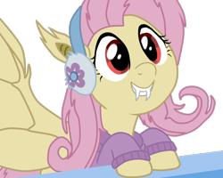 Size: 1000x800 | Tagged: safe, artist:incendiaryboobs, artist:incendiarymoth, imported from derpibooru, fluttershy, bat pony, pony, best gift ever, clothes, cute, earmuffs, fangs, female, flutterbat, mare, race swap, redraw, shyabates, shyabetes, simple background, smiling, solo, spread wings, sweater, transparent background, wings