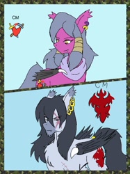 Size: 1440x1921 | Tagged: safe, artist:omegapony16, imported from derpibooru, oc, oc only, oc:oriponi, bat pony, pony, bat pony oc, chest fluff, clothes, duo, ear piercing, earring, eye scar, female, jewelry, male, mare, piercing, scar, scarf, stallion