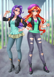 Size: 770x1100 | Tagged: safe, artist:racoonsan, imported from derpibooru, starlight glimmer, sunset shimmer, human, equestria girls, anime, boots, clothes, clothes swap, cute, dripping, duo, female, food, hand on hip, hat, human coloration, ice cream, jacket, looking at you, pants, ripped pants, shirt, shoes, skirt, smiling, that human sure does love ice cream, torn clothes