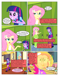 Size: 612x792 | Tagged: safe, artist:greatdinn, artist:newbiespud, edit, edited screencap, imported from derpibooru, screencap, angel bunny, fluttershy, pinkie pie, princess celestia, spike, twilight sparkle, dog, rabbit, comic:friendship is dragons, equestria girls, equestria girls (movie), animal, backpack, balloon, blowing up balloons, clothes, collaboration, comic, cutie mark accessory, cutie mark on clothes, dialogue, element of magic, food, frown, gum, hairclip, lockers, paw prints, pointing, principal celestia, screencap comic, smiling, wide eyes