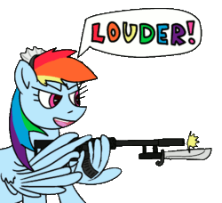 Size: 500x455 | Tagged: safe, alternate version, artist:poniidesu, imported from derpibooru, rainbow dash, pegasus, pony, /mlp/, 20% cooler, animated, ar-15, ar15, bayonet, carbine, clothes, cool, drawthread, female, gif, gun, maid, maid headdress, mare, rainbow dash always dresses in style, rainbow maid, rifle, shooting, silencer, solo, speech, tacticool, text, weapon, wing hands, wing hold, wings