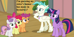 Size: 1152x576 | Tagged: safe, edit, edited screencap, imported from derpibooru, screencap, apple bloom, scootaloo, sweetie belle, terramar, twilight sparkle, alicorn, surf and/or turf, adorabloom, cropped, cute, cutealoo, diasweetes, implied silverstream, jewelry, necklace, pun, speech, terrabetes, twiabetes, twilight sparkle (alicorn)